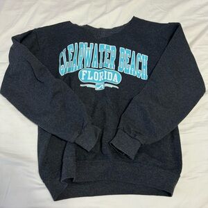 Dark Gray & Blue Clearwater Beach Florida Off The Shoulder V-NeckSweatshirt